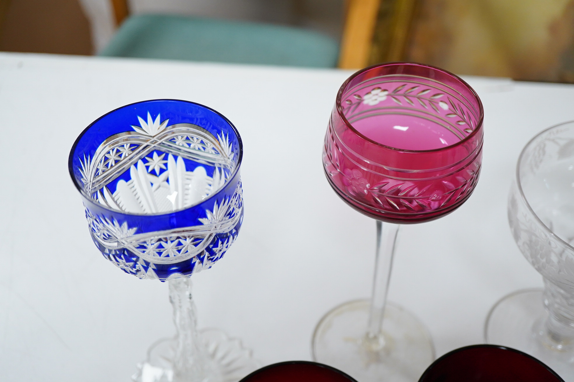 A collection of various glass ware to include hoc glasses, floral etched rummers etc.